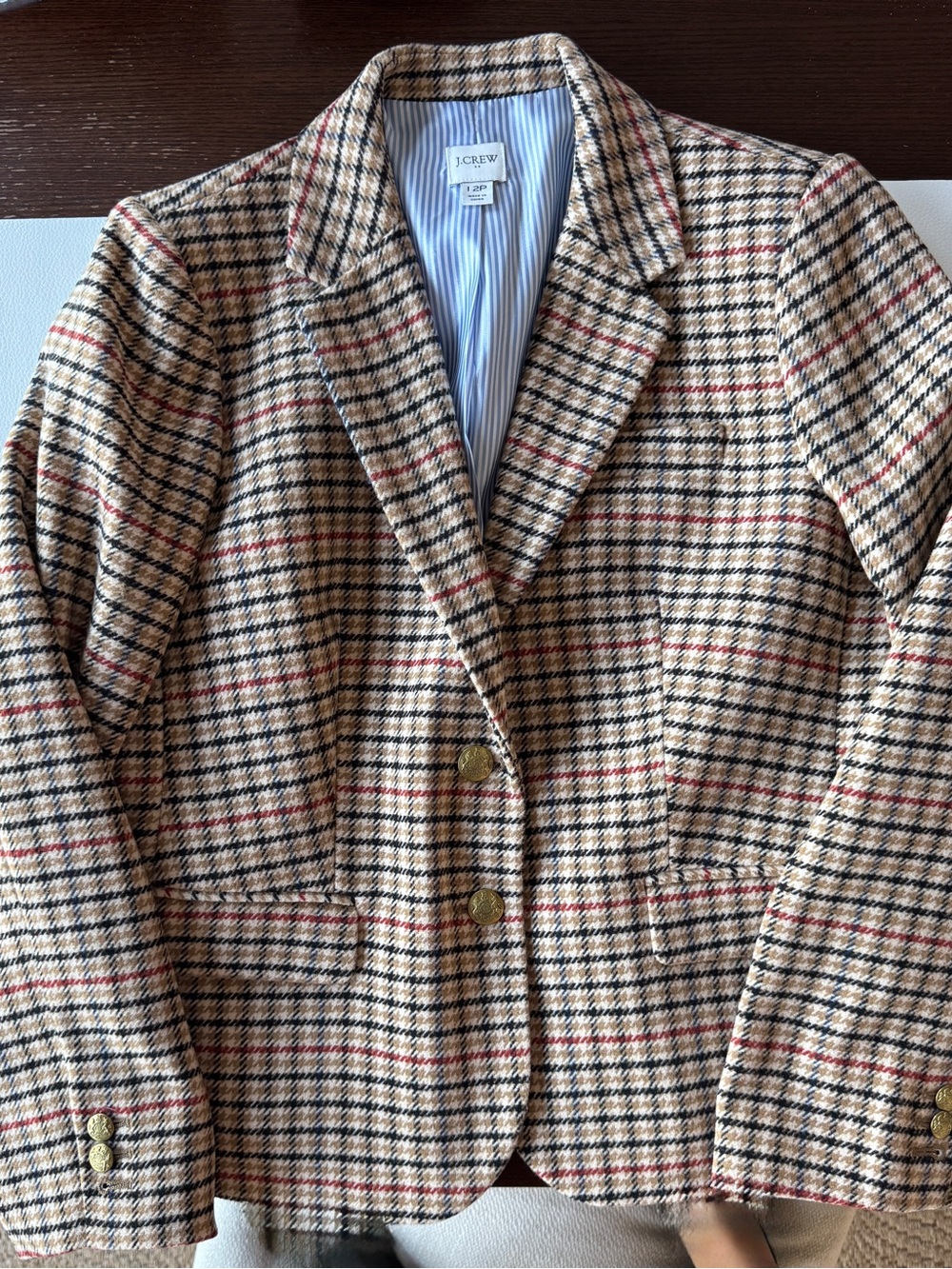 J. Crew Women's Tan Plaid Blazer with Red & Black Accents